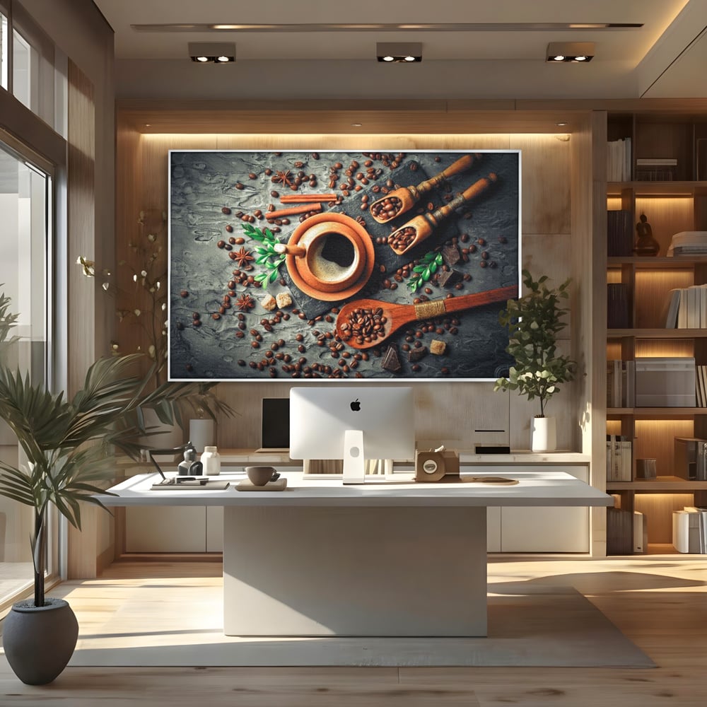 Tablou Canvas Premium, LuxCanva® N1008, Dimineti Aromate, Espresso, Boabe, Cafea, Ceasca, Scortisoara, Aroma, Savoare, Traditie, Lemn, Cafenea, Restaurant, Bucatarie