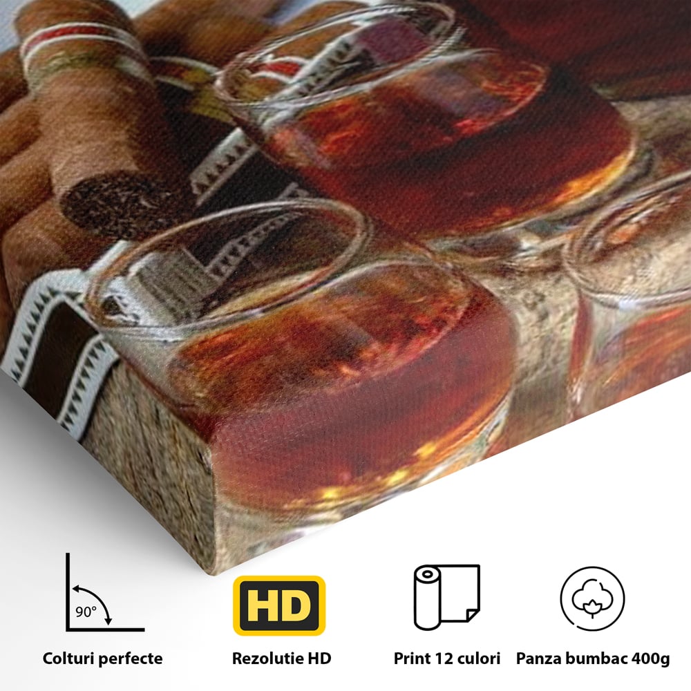 Tablou Canvas Premium, LuxCanva® N1009, Arta Degustarii, Coniac, Trabuc, Pahare, Bautura, Sticla, Elegant, Barbatesc, Clasic, Vintage, Bar, Restaurant, Bucatarie