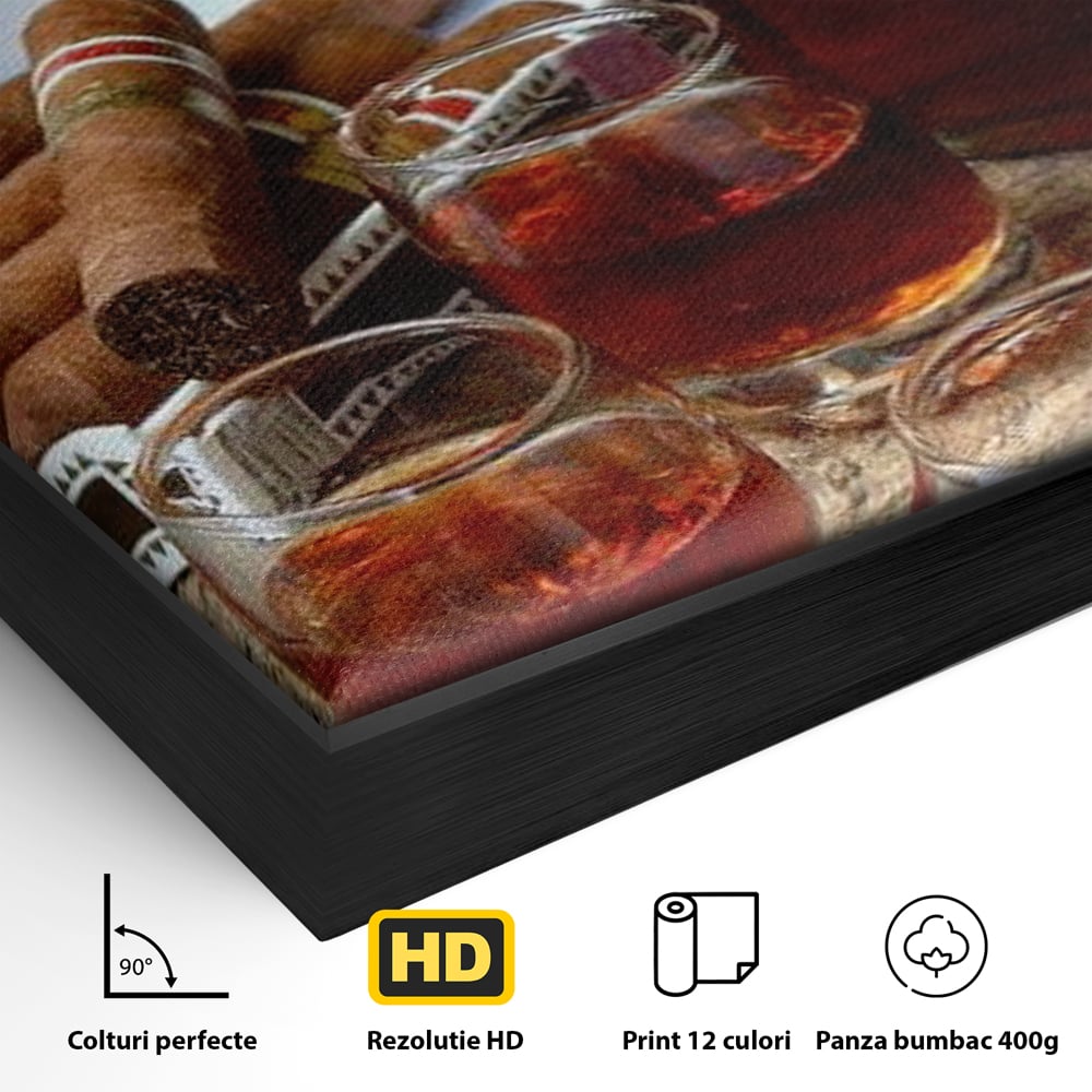 Tablou Canvas Premium, LuxCanva® N1009, Arta Degustarii, Coniac, Trabuc, Pahare, Bautura, Sticla, Elegant, Barbatesc, Clasic, Vintage, Bar, Restaurant, Bucatarie