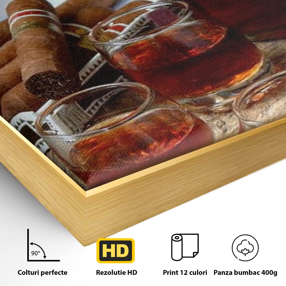Tablou Canvas Premium, LuxCanva® N1009, Arta Degustarii, Coniac, Trabuc, Pahare, Bautura, Sticla, Elegant, Barbatesc, Clasic, Vintage, Bar, Restaurant, Bucatarie