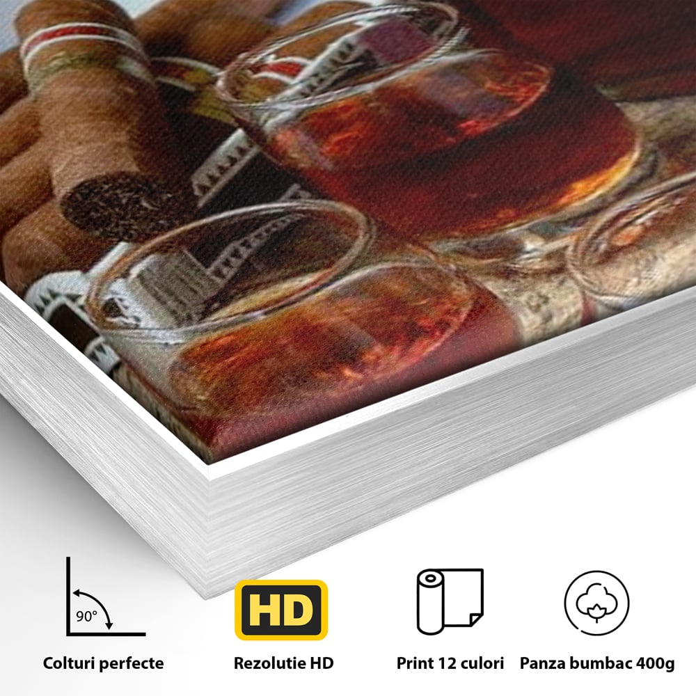 Tablou Canvas Premium, LuxCanva® N1009, Arta Degustarii, Coniac, Trabuc, Pahare, Bautura, Sticla, Elegant, Barbatesc, Clasic, Vintage, Bar, Restaurant, Bucatarie