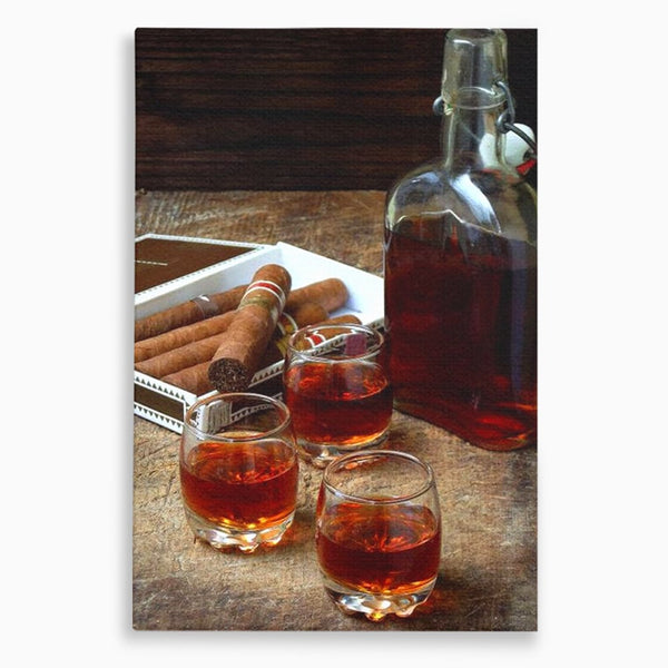 Tablou Canvas Premium, LuxCanva® N1009, Arta Degustarii, Coniac, Trabuc, Pahare, Bautura, Sticla, Elegant, Barbatesc, Clasic, Vintage, Bar, Restaurant, Bucatarie