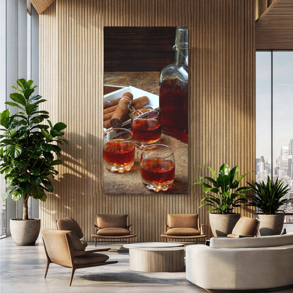 Tablou Canvas Premium, LuxCanva® N1009, Arta Degustarii, Coniac, Trabuc, Pahare, Bautura, Sticla, Elegant, Barbatesc, Clasic, Vintage, Bar, Restaurant, Bucatarie