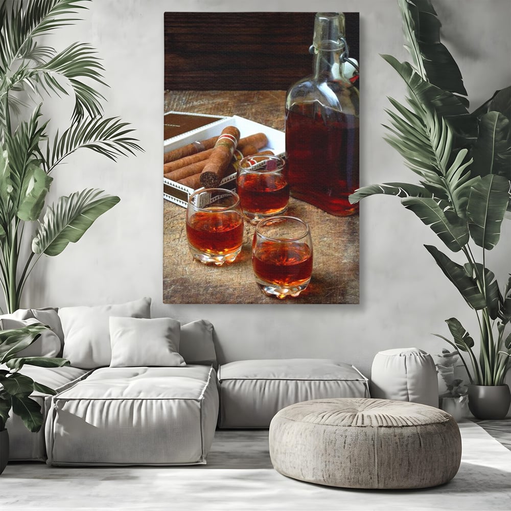 Tablou Canvas Premium, LuxCanva® N1009, Arta Degustarii, Coniac, Trabuc, Pahare, Bautura, Sticla, Elegant, Barbatesc, Clasic, Vintage, Bar, Restaurant, Bucatarie