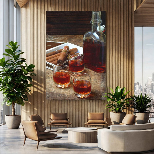 Tablou Canvas Premium, LuxCanva® N1009, Arta Degustarii, Coniac, Trabuc, Pahare, Bautura, Sticla, Elegant, Barbatesc, Clasic, Vintage, Bar, Restaurant, Bucatarie