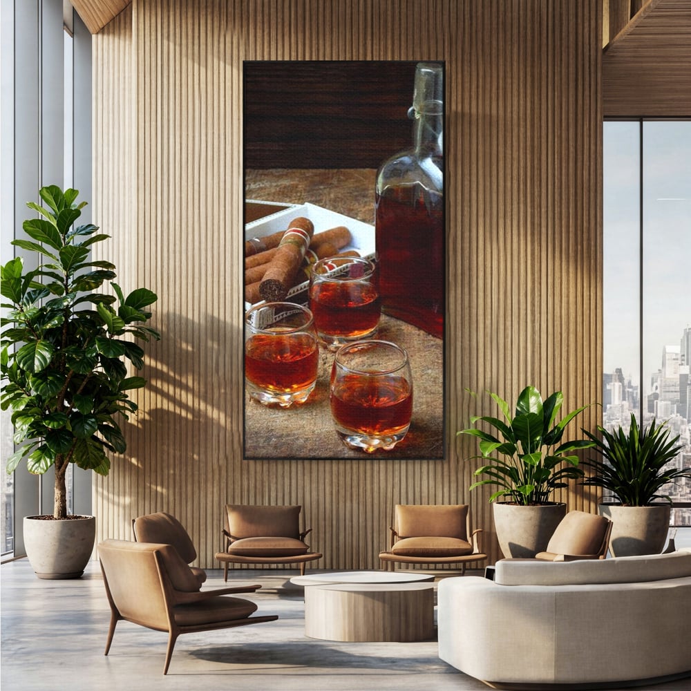 Tablou Canvas Premium, LuxCanva® N1009, Arta Degustarii, Coniac, Trabuc, Pahare, Bautura, Sticla, Elegant, Barbatesc, Clasic, Vintage, Bar, Restaurant, Bucatarie