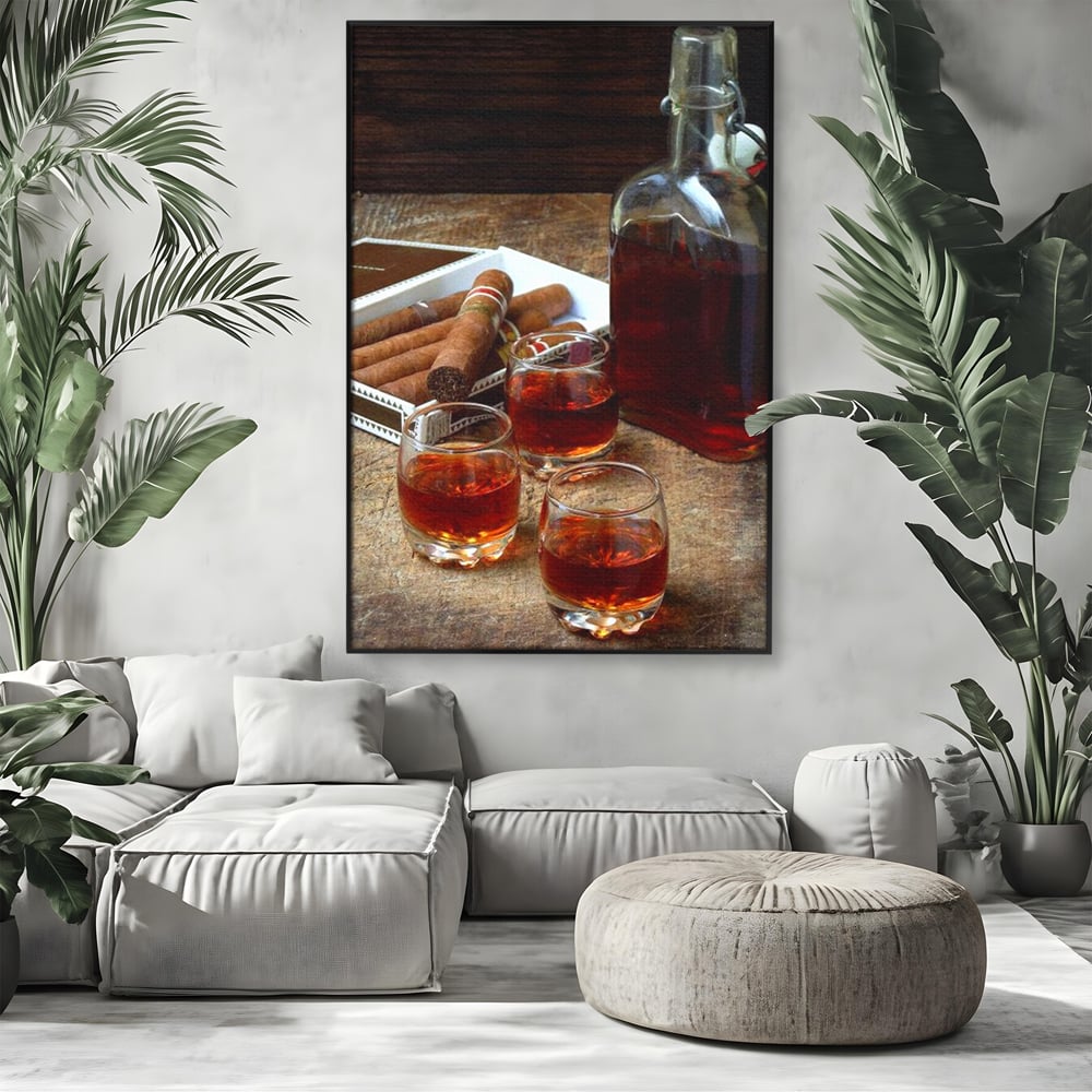 Tablou Canvas Premium, LuxCanva® N1009, Arta Degustarii, Coniac, Trabuc, Pahare, Bautura, Sticla, Elegant, Barbatesc, Clasic, Vintage, Bar, Restaurant, Bucatarie