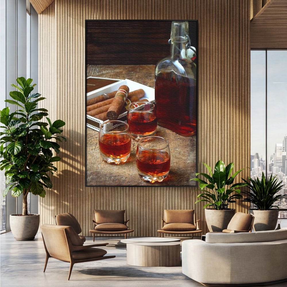 Tablou Canvas Premium, LuxCanva® N1009, Arta Degustarii, Coniac, Trabuc, Pahare, Bautura, Sticla, Elegant, Barbatesc, Clasic, Vintage, Bar, Restaurant, Bucatarie