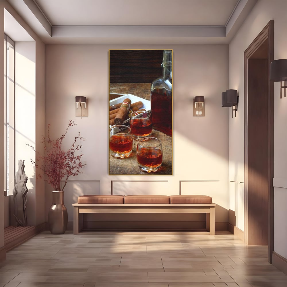 Tablou Canvas Premium, LuxCanva® N1009, Arta Degustarii, Coniac, Trabuc, Pahare, Bautura, Sticla, Elegant, Barbatesc, Clasic, Vintage, Bar, Restaurant, Bucatarie