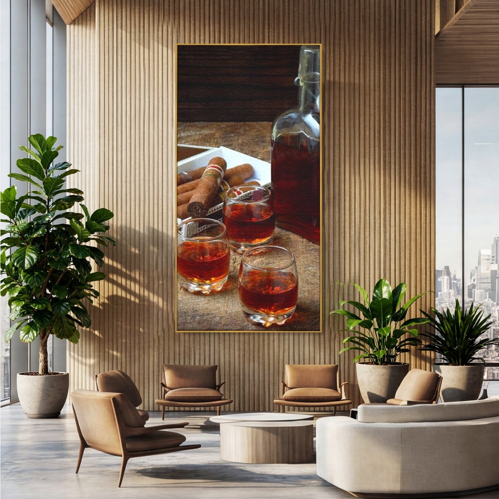 Tablou Canvas Premium, LuxCanva® N1009, Arta Degustarii, Coniac, Trabuc, Pahare, Bautura, Sticla, Elegant, Barbatesc, Clasic, Vintage, Bar, Restaurant, Bucatarie