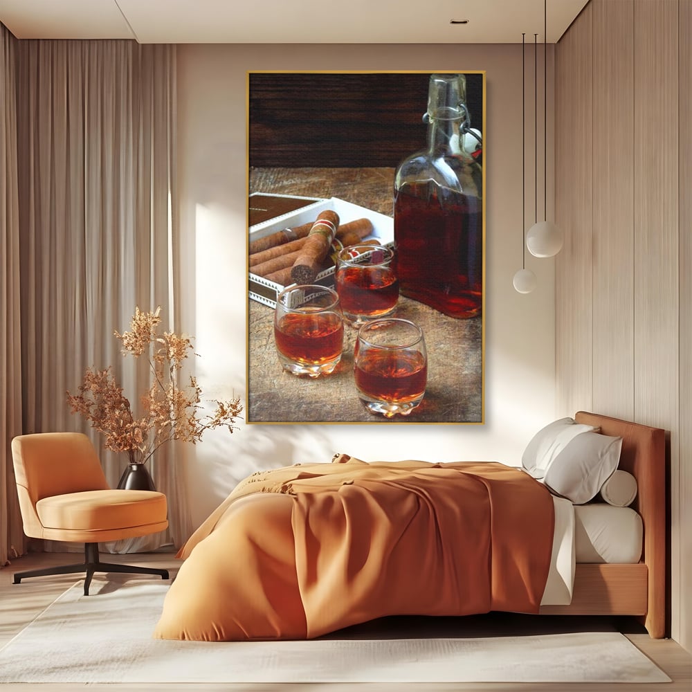Tablou Canvas Premium, LuxCanva® N1009, Arta Degustarii, Coniac, Trabuc, Pahare, Bautura, Sticla, Elegant, Barbatesc, Clasic, Vintage, Bar, Restaurant, Bucatarie