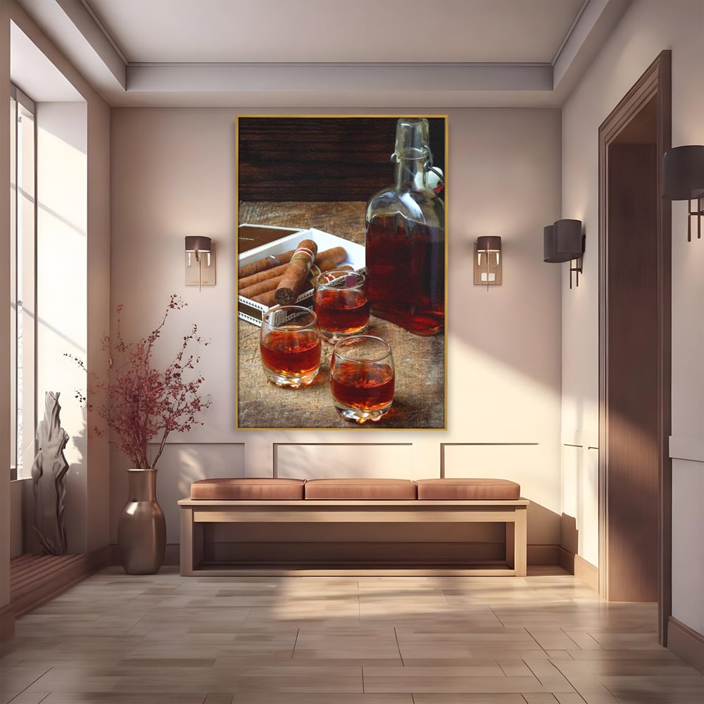 Tablou Canvas Premium, LuxCanva® N1009, Arta Degustarii, Coniac, Trabuc, Pahare, Bautura, Sticla, Elegant, Barbatesc, Clasic, Vintage, Bar, Restaurant, Bucatarie