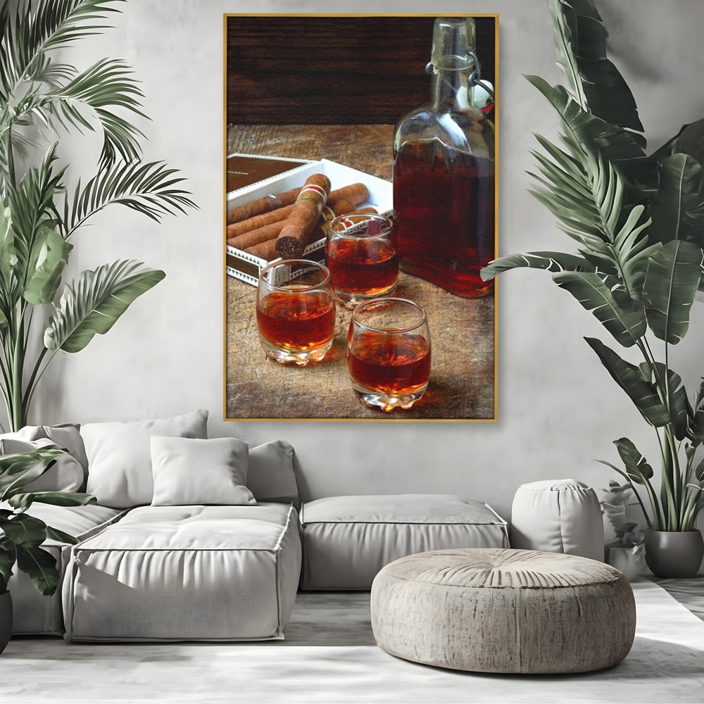 Tablou Canvas Premium, LuxCanva® N1009, Arta Degustarii, Coniac, Trabuc, Pahare, Bautura, Sticla, Elegant, Barbatesc, Clasic, Vintage, Bar, Restaurant, Bucatarie