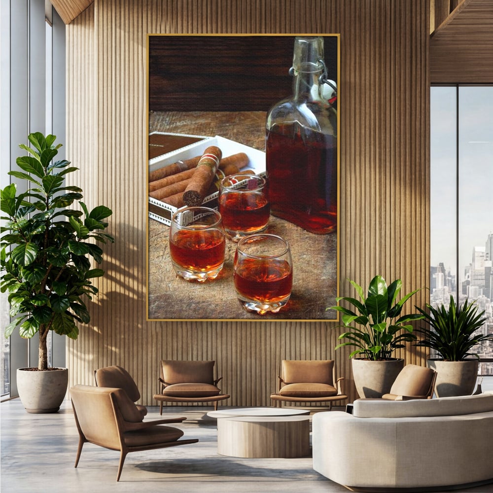 Tablou Canvas Premium, LuxCanva® N1009, Arta Degustarii, Coniac, Trabuc, Pahare, Bautura, Sticla, Elegant, Barbatesc, Clasic, Vintage, Bar, Restaurant, Bucatarie