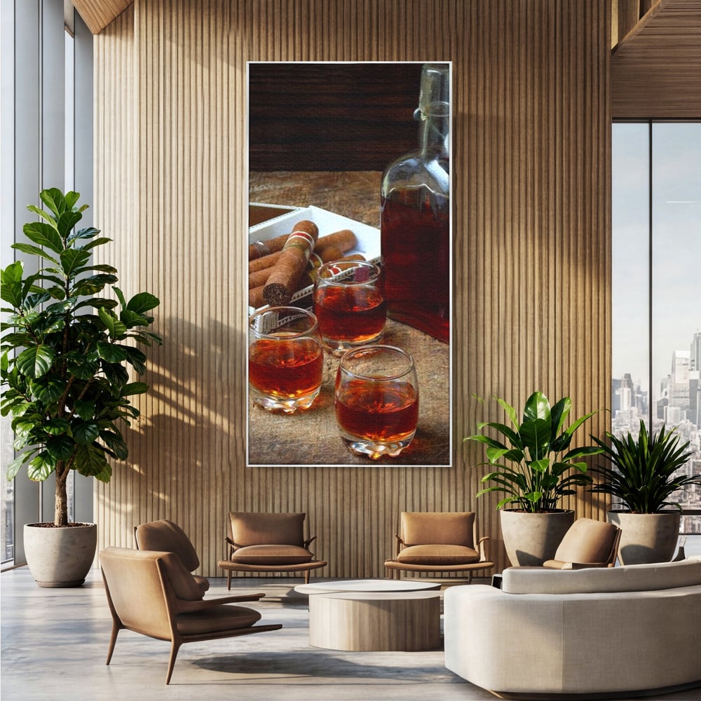 Tablou Canvas Premium, LuxCanva® N1009, Arta Degustarii, Coniac, Trabuc, Pahare, Bautura, Sticla, Elegant, Barbatesc, Clasic, Vintage, Bar, Restaurant, Bucatarie