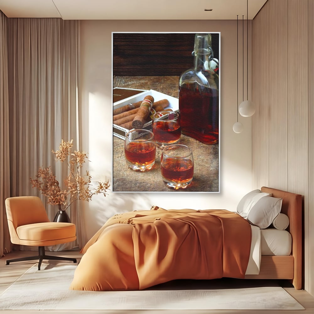 Tablou Canvas Premium, LuxCanva® N1009, Arta Degustarii, Coniac, Trabuc, Pahare, Bautura, Sticla, Elegant, Barbatesc, Clasic, Vintage, Bar, Restaurant, Bucatarie