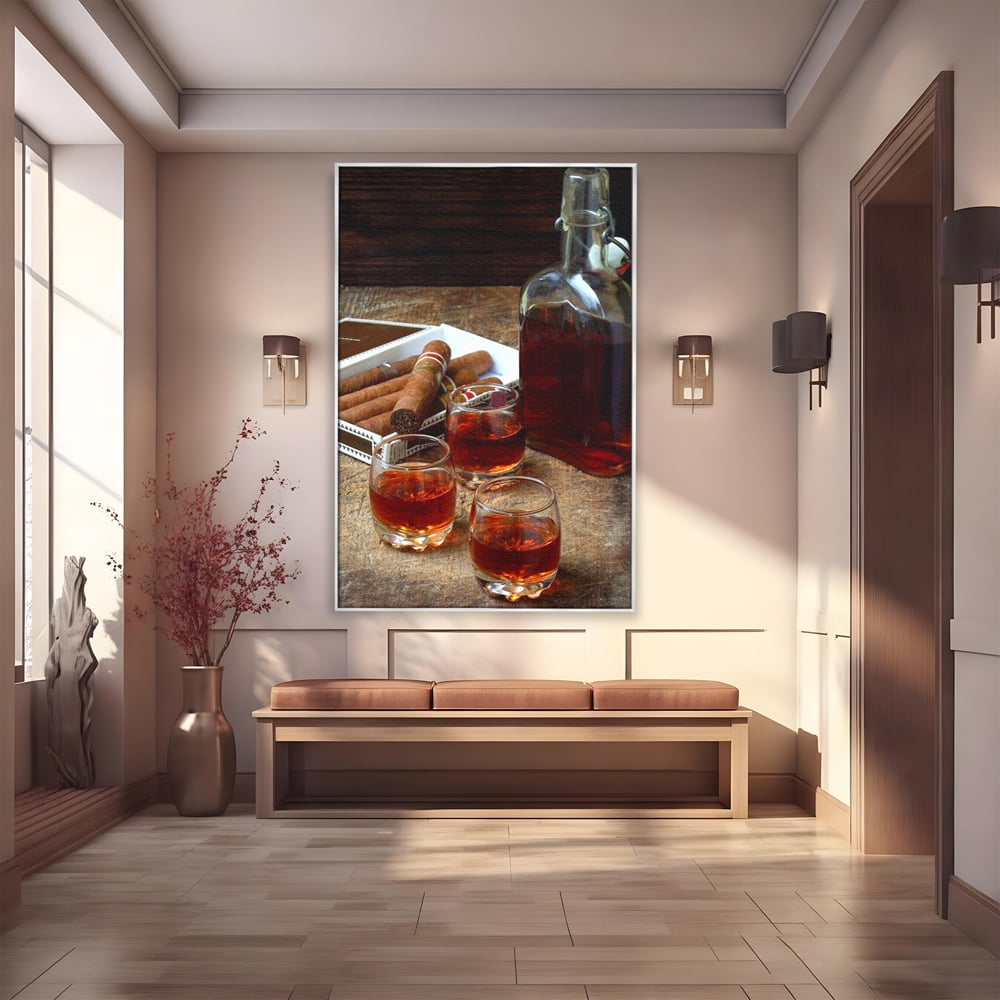 Tablou Canvas Premium, LuxCanva® N1009, Arta Degustarii, Coniac, Trabuc, Pahare, Bautura, Sticla, Elegant, Barbatesc, Clasic, Vintage, Bar, Restaurant, Bucatarie