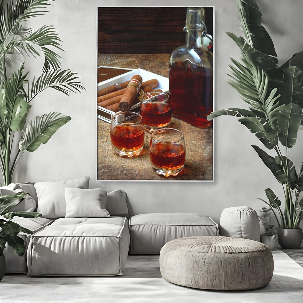 Tablou Canvas Premium, LuxCanva® N1009, Arta Degustarii, Coniac, Trabuc, Pahare, Bautura, Sticla, Elegant, Barbatesc, Clasic, Vintage, Bar, Restaurant, Bucatarie