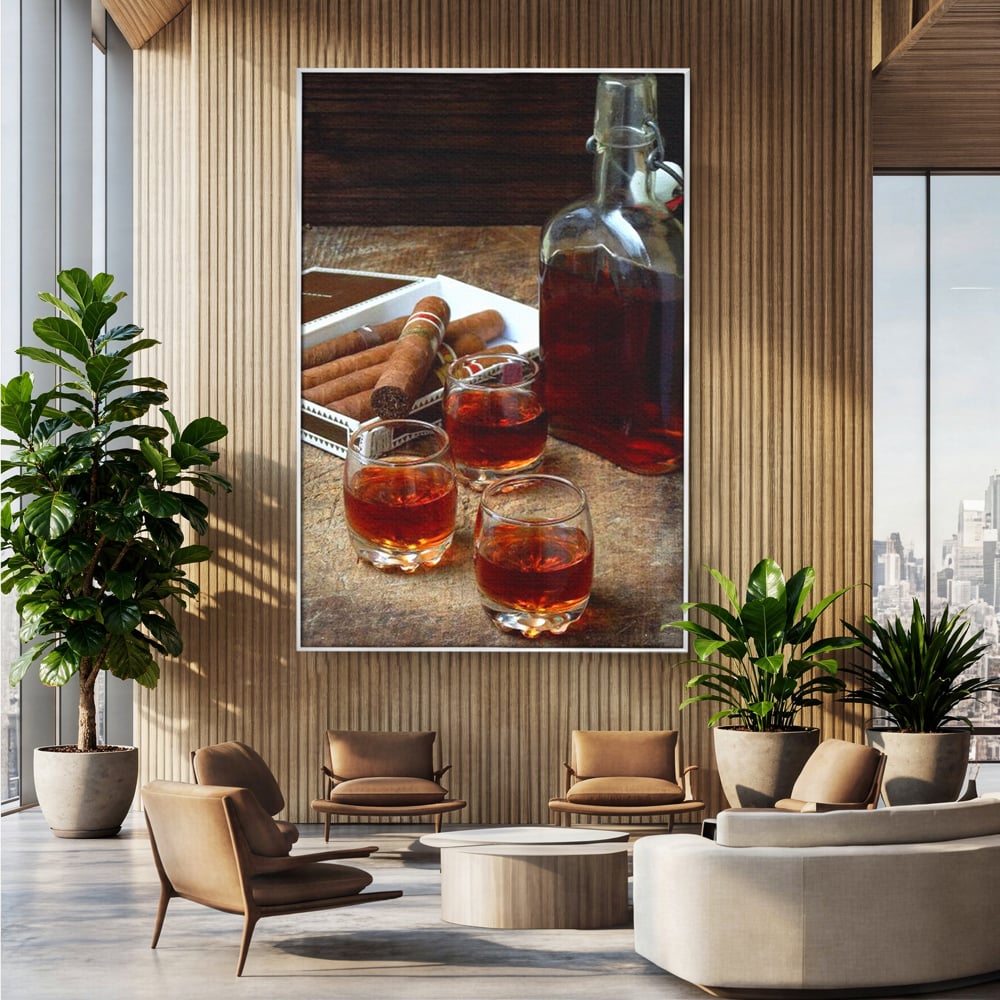 Tablou Canvas Premium, LuxCanva® N1009, Arta Degustarii, Coniac, Trabuc, Pahare, Bautura, Sticla, Elegant, Barbatesc, Clasic, Vintage, Bar, Restaurant, Bucatarie