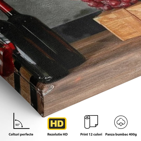 Tablou Canvas Premium, LuxCanva® N1011, Arta Vinului, Vin Rosu, Bautura, Struguri, Sticle, Pahare, Crama, Recolta, Rafinament, Degustare, Pub, Lounge, Bar, Restaurant, Bucatarie