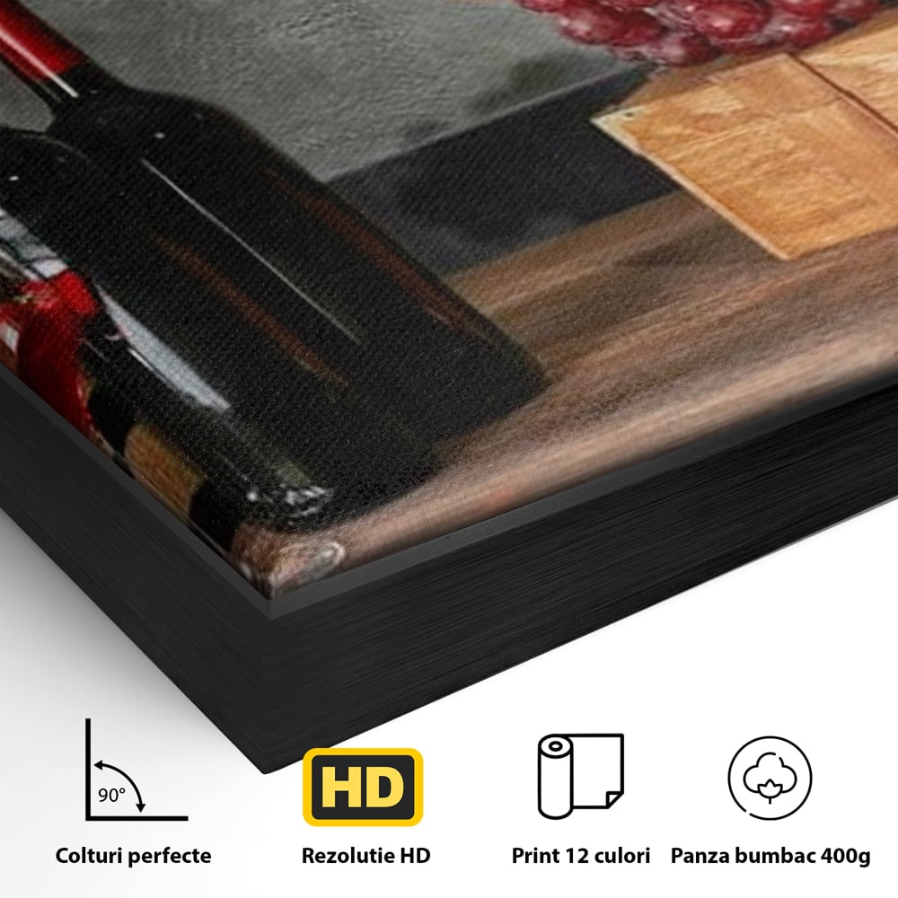Tablou Canvas Premium, LuxCanva® N1011, Arta Vinului, Vin Rosu, Bautura, Struguri, Sticle, Pahare, Crama, Recolta, Rafinament, Degustare, Pub, Lounge, Bar, Restaurant, Bucatarie