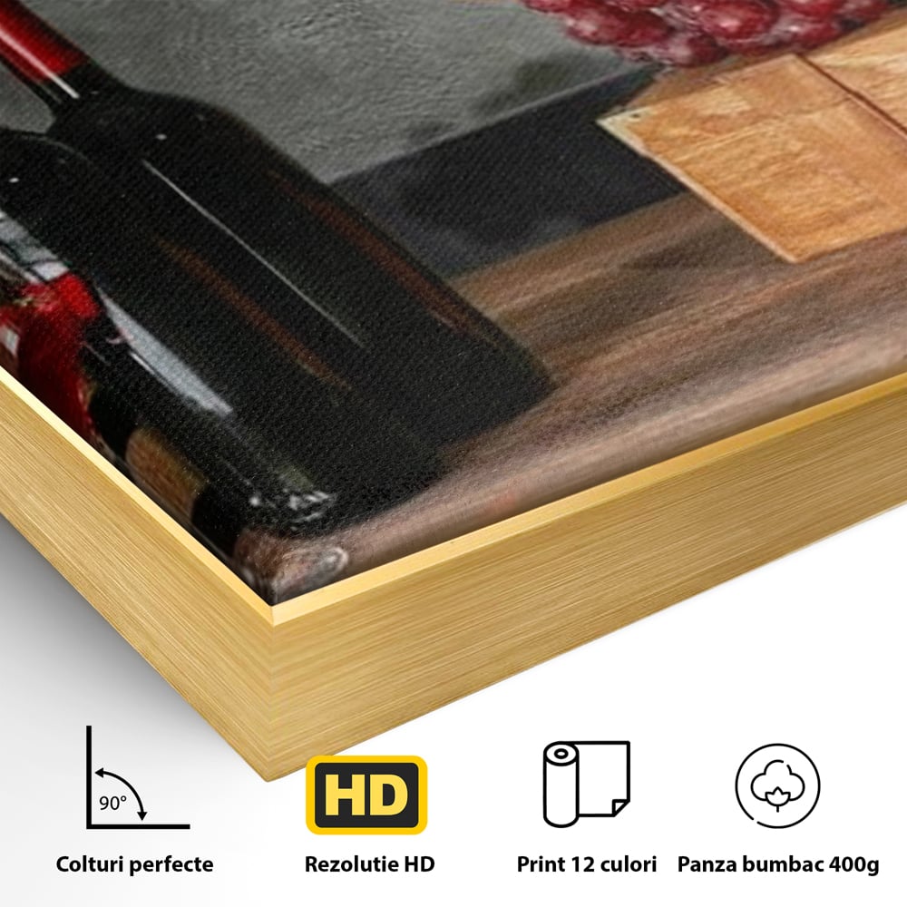 Tablou Canvas Premium, LuxCanva® N1011, Arta Vinului, Vin Rosu, Bautura, Struguri, Sticle, Pahare, Crama, Recolta, Rafinament, Degustare, Pub, Lounge, Bar, Restaurant, Bucatarie