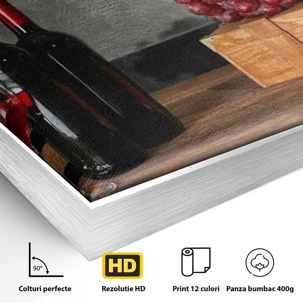 Tablou Canvas Premium, LuxCanva® N1011, Arta Vinului, Vin Rosu, Bautura, Struguri, Sticle, Pahare, Crama, Recolta, Rafinament, Degustare, Pub, Lounge, Bar, Restaurant, Bucatarie