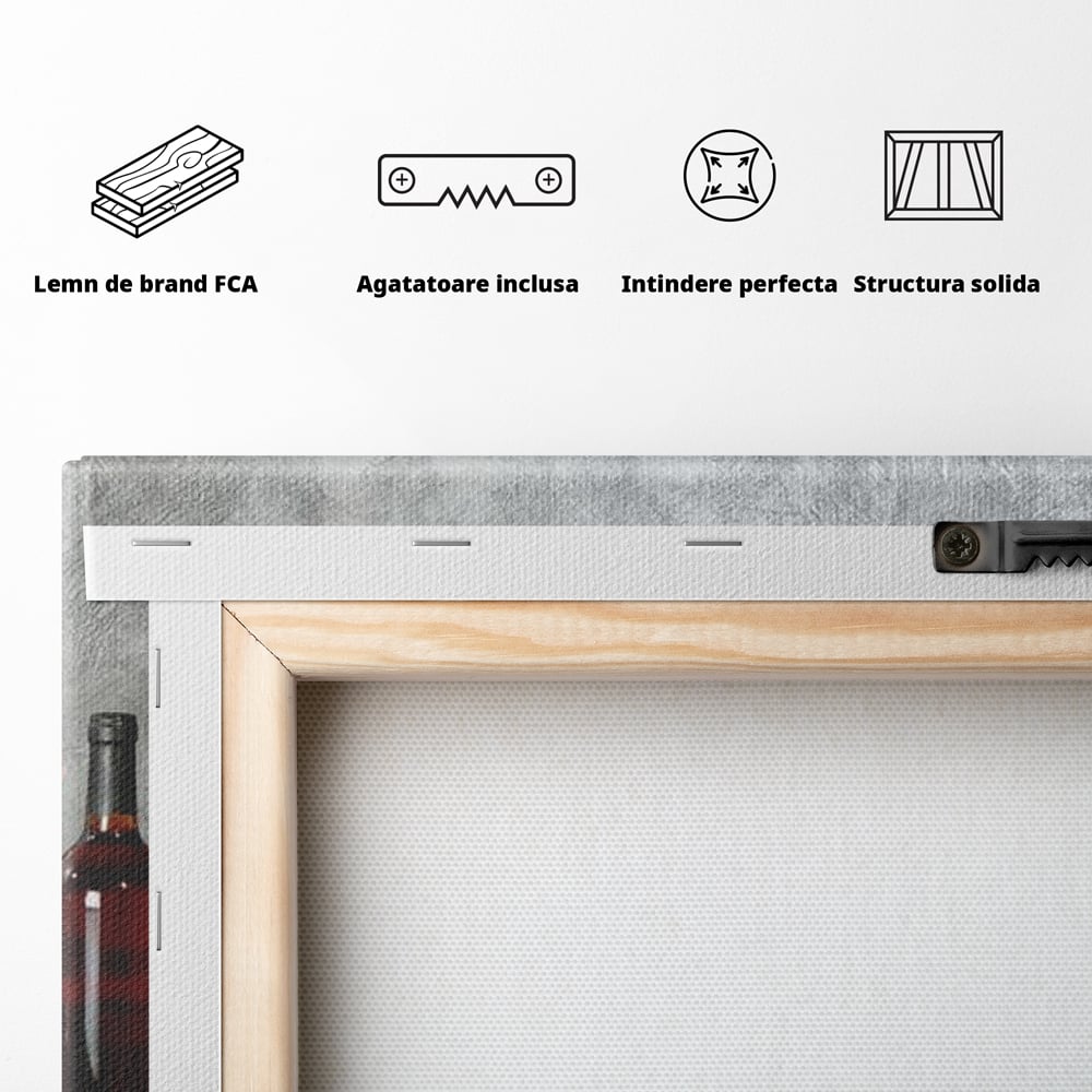 Tablou Canvas Premium, LuxCanva® N1011, Arta Vinului, Vin Rosu, Bautura, Struguri, Sticle, Pahare, Crama, Recolta, Rafinament, Degustare, Pub, Lounge, Bar, Restaurant, Bucatarie