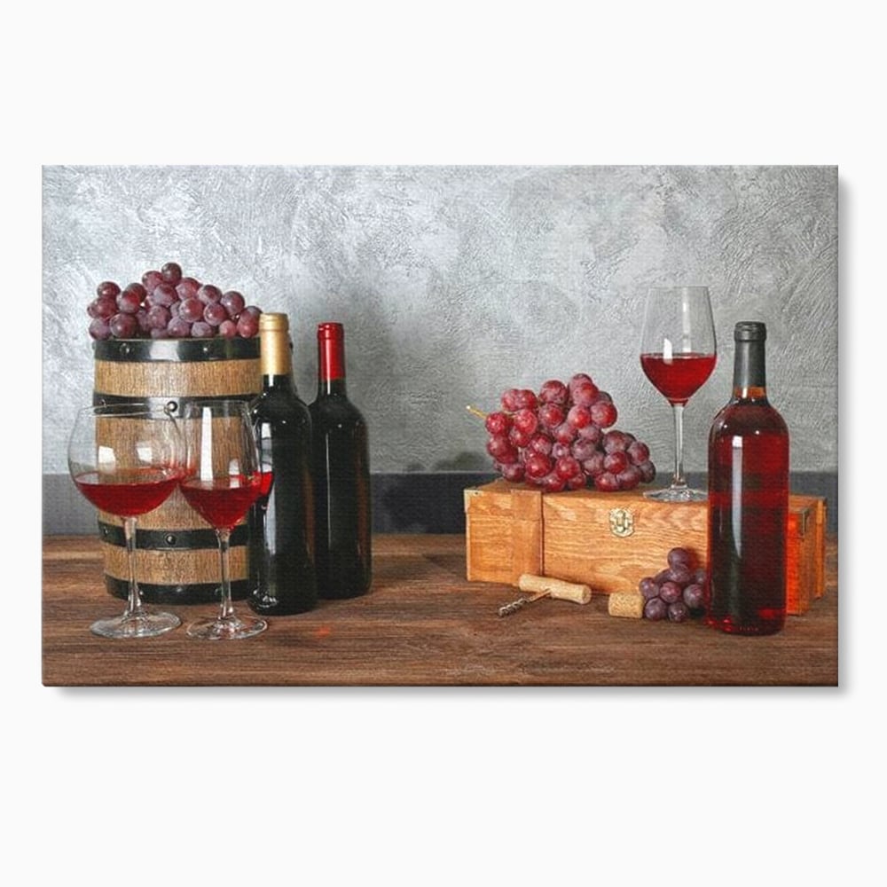 Tablou Canvas Premium, LuxCanva® N1011, Arta Vinului, Vin Rosu, Bautura, Struguri, Sticle, Pahare, Crama, Recolta, Rafinament, Degustare, Pub, Lounge, Bar, Restaurant, Bucatarie