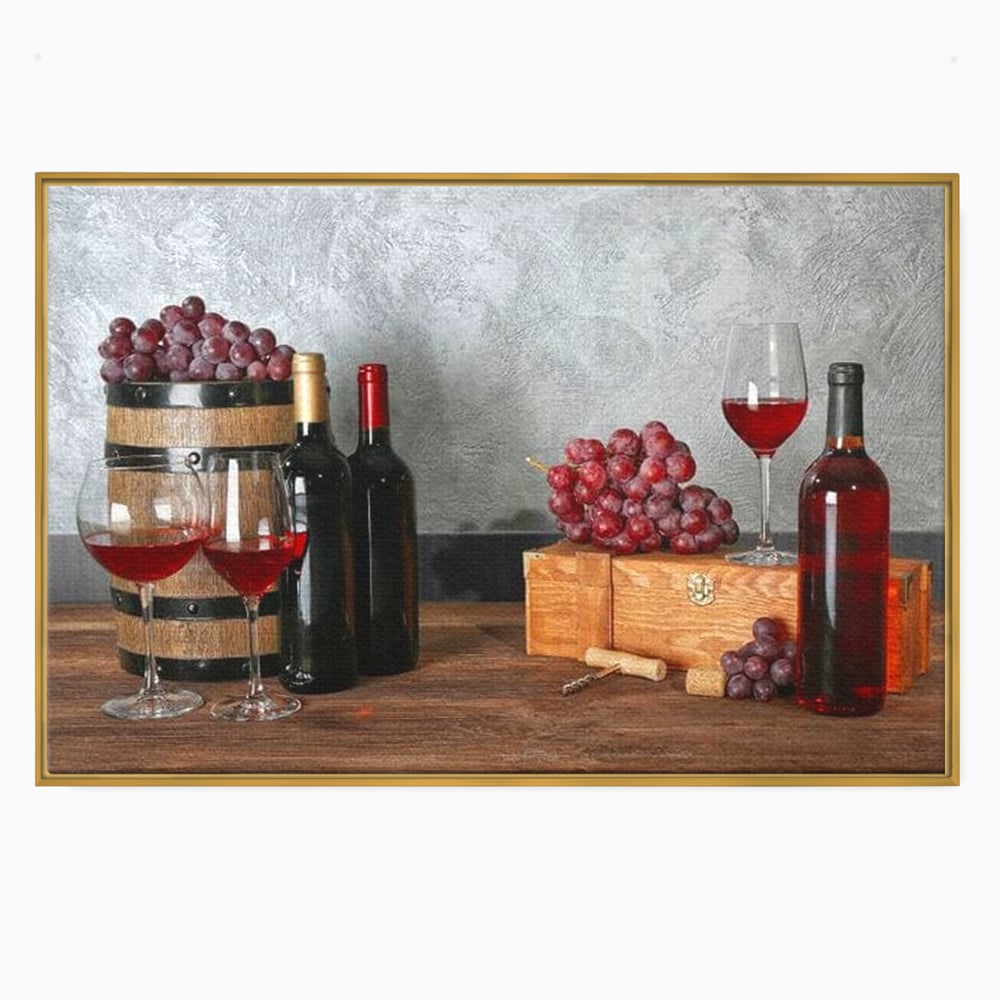 Tablou Canvas Premium, LuxCanva® N1011, Arta Vinului, Vin Rosu, Bautura, Struguri, Sticle, Pahare, Crama, Recolta, Rafinament, Degustare, Pub, Lounge, Bar, Restaurant, Bucatarie
