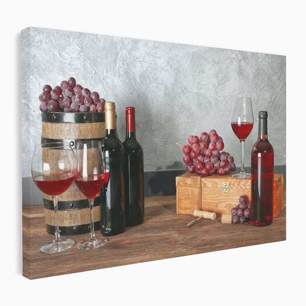 Tablou Canvas Premium, LuxCanva® N1011, Arta Vinului, Vin Rosu, Bautura, Struguri, Sticle, Pahare, Crama, Recolta, Rafinament, Degustare, Pub, Lounge, Bar, Restaurant, Bucatarie