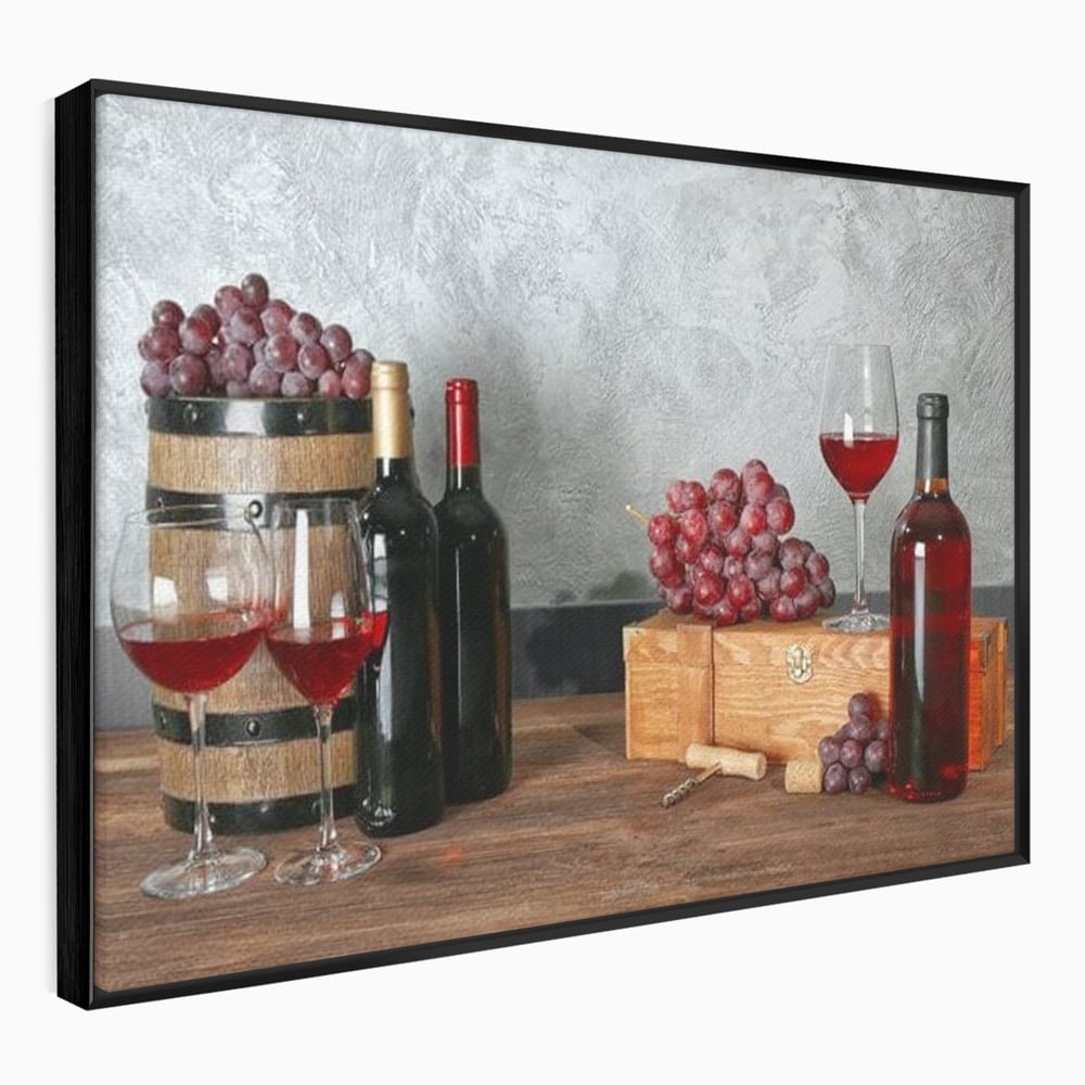 Tablou Canvas Premium, LuxCanva® N1011, Arta Vinului, Vin Rosu, Bautura, Struguri, Sticle, Pahare, Crama, Recolta, Rafinament, Degustare, Pub, Lounge, Bar, Restaurant, Bucatarie