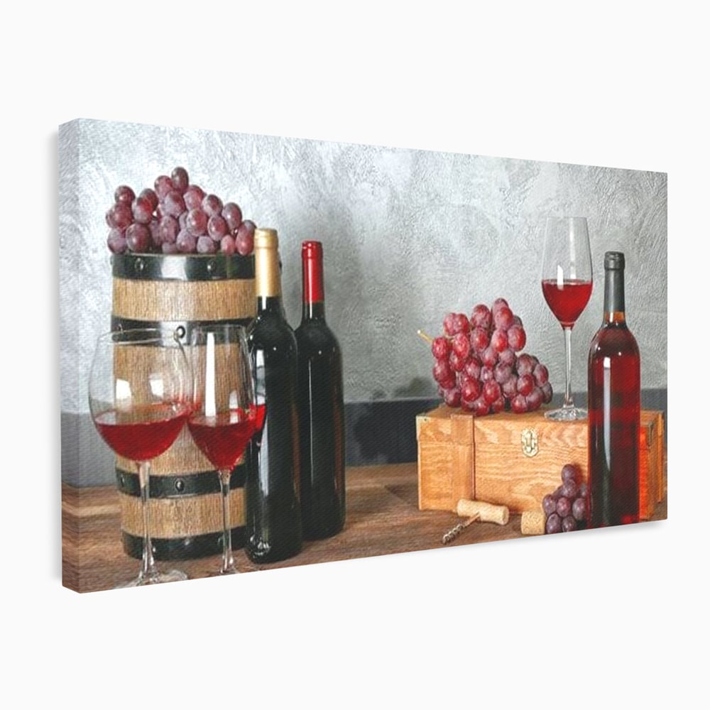 Tablou Canvas Premium, LuxCanva® N1011, Arta Vinului, Vin Rosu, Bautura, Struguri, Sticle, Pahare, Crama, Recolta, Rafinament, Degustare, Pub, Lounge, Bar, Restaurant, Bucatarie