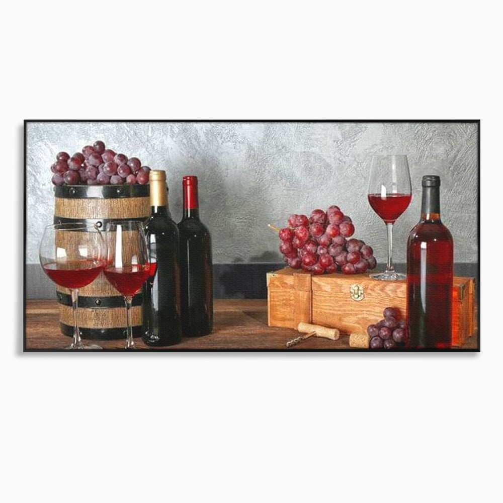 Tablou Canvas Premium, LuxCanva® N1011, Arta Vinului, Vin Rosu, Bautura, Struguri, Sticle, Pahare, Crama, Recolta, Rafinament, Degustare, Pub, Lounge, Bar, Restaurant, Bucatarie