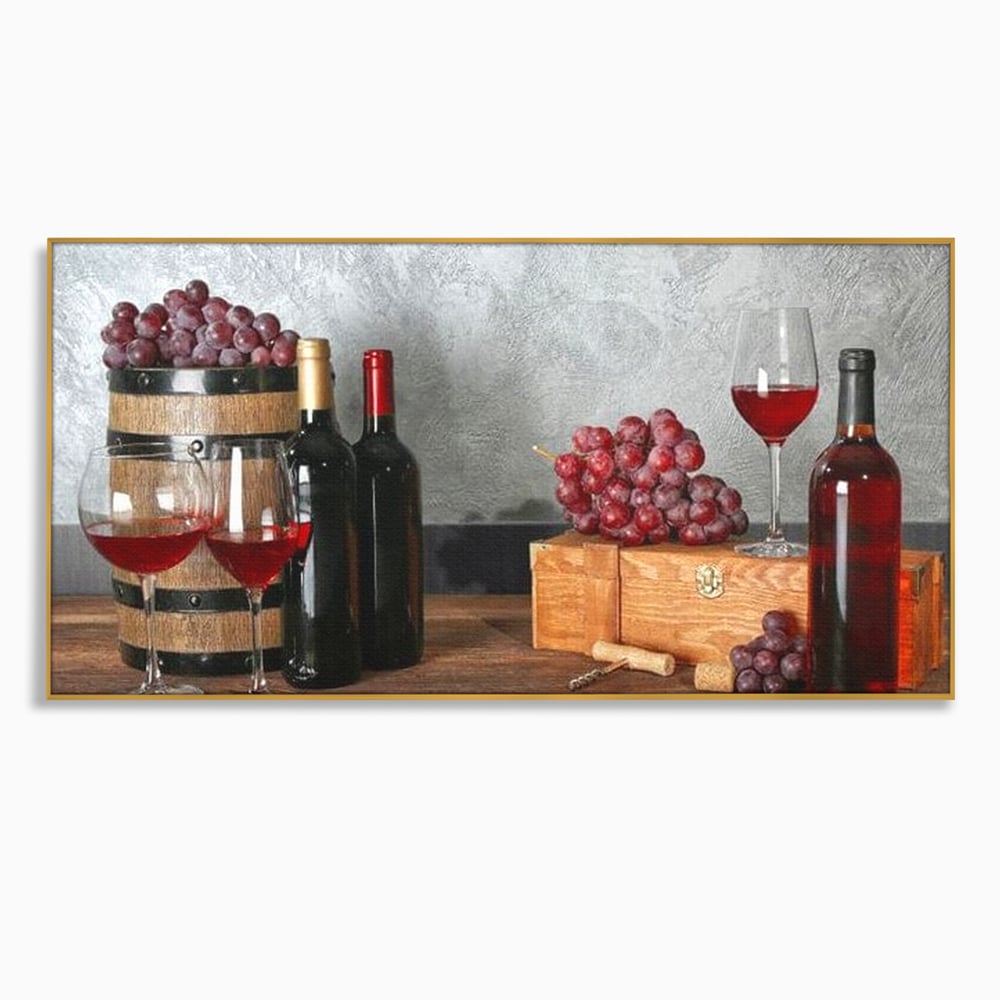 Tablou Canvas Premium, LuxCanva® N1011, Arta Vinului, Vin Rosu, Bautura, Struguri, Sticle, Pahare, Crama, Recolta, Rafinament, Degustare, Pub, Lounge, Bar, Restaurant, Bucatarie