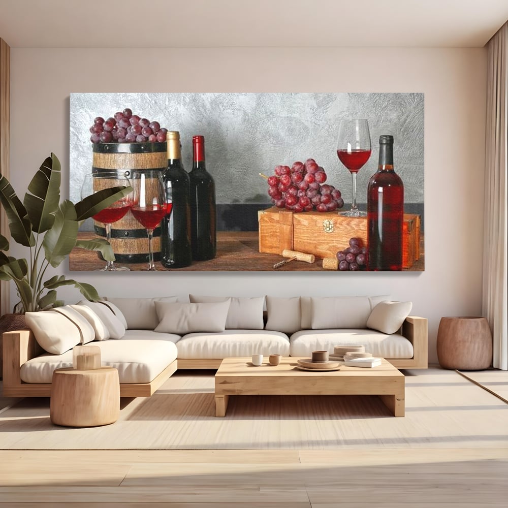 Tablou Canvas Premium, LuxCanva® N1011, Arta Vinului, Vin Rosu, Bautura, Struguri, Sticle, Pahare, Crama, Recolta, Rafinament, Degustare, Pub, Lounge, Bar, Restaurant, Bucatarie