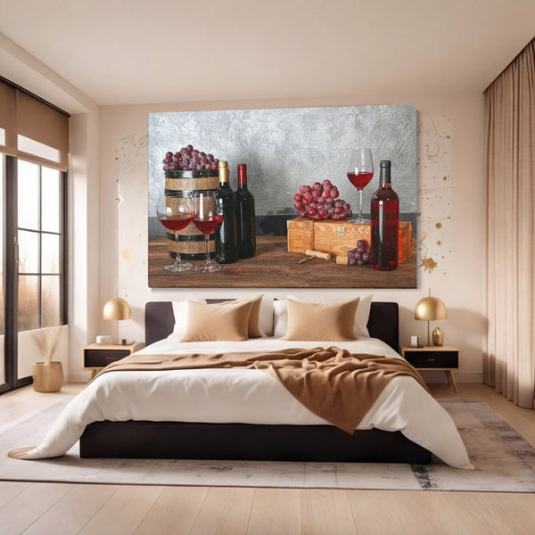 Tablou Canvas Premium, LuxCanva® N1011, Arta Vinului, Vin Rosu, Bautura, Struguri, Sticle, Pahare, Crama, Recolta, Rafinament, Degustare, Pub, Lounge, Bar, Restaurant, Bucatarie