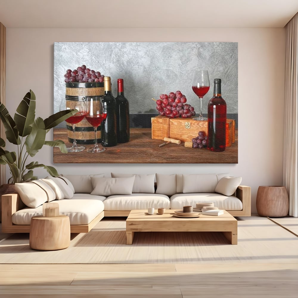 Tablou Canvas Premium, LuxCanva® N1011, Arta Vinului, Vin Rosu, Bautura, Struguri, Sticle, Pahare, Crama, Recolta, Rafinament, Degustare, Pub, Lounge, Bar, Restaurant, Bucatarie