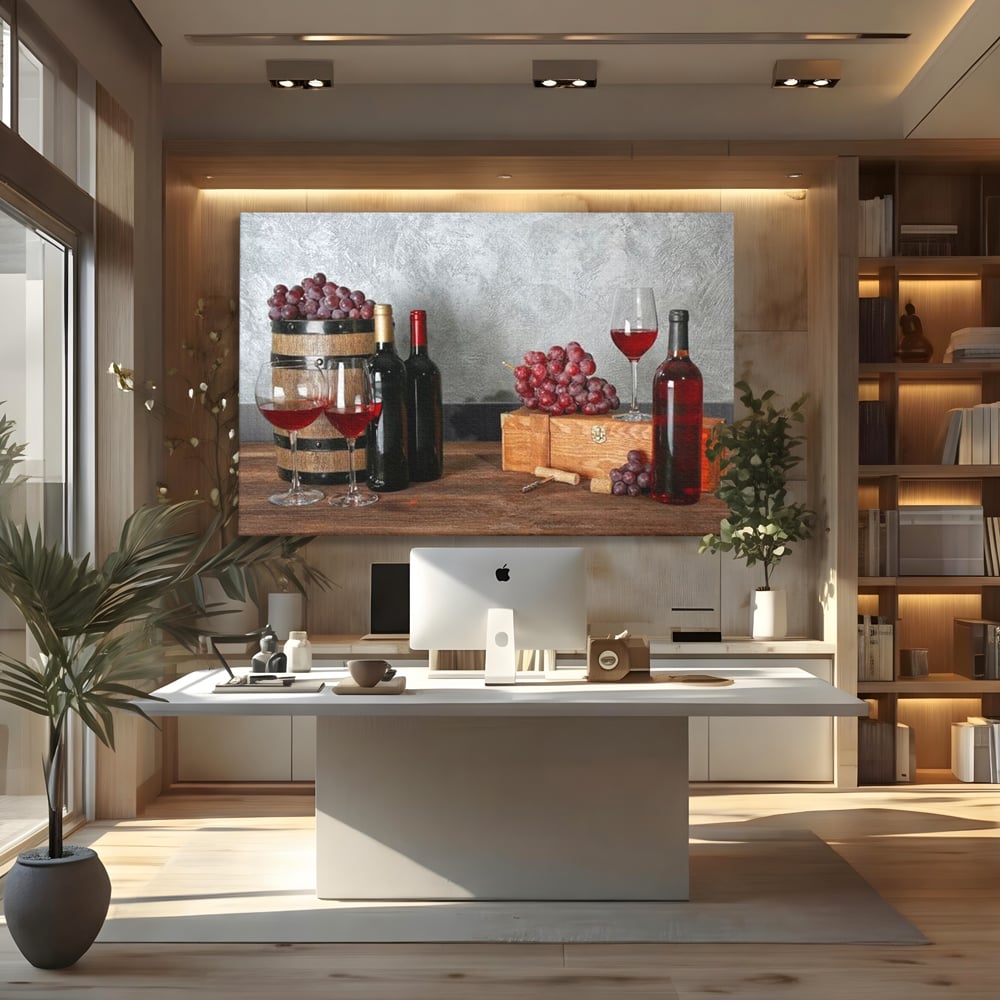 Tablou Canvas Premium, LuxCanva® N1011, Arta Vinului, Vin Rosu, Bautura, Struguri, Sticle, Pahare, Crama, Recolta, Rafinament, Degustare, Pub, Lounge, Bar, Restaurant, Bucatarie