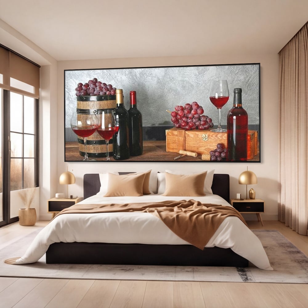 Tablou Canvas Premium, LuxCanva® N1011, Arta Vinului, Vin Rosu, Bautura, Struguri, Sticle, Pahare, Crama, Recolta, Rafinament, Degustare, Pub, Lounge, Bar, Restaurant, Bucatarie