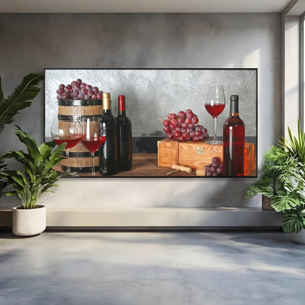 Tablou Canvas Premium, LuxCanva® N1011, Arta Vinului, Vin Rosu, Bautura, Struguri, Sticle, Pahare, Crama, Recolta, Rafinament, Degustare, Pub, Lounge, Bar, Restaurant, Bucatarie