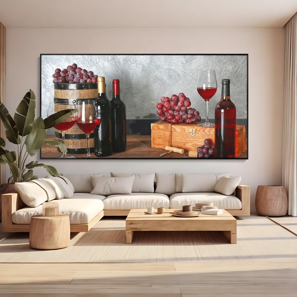 Tablou Canvas Premium, LuxCanva® N1011, Arta Vinului, Vin Rosu, Bautura, Struguri, Sticle, Pahare, Crama, Recolta, Rafinament, Degustare, Pub, Lounge, Bar, Restaurant, Bucatarie