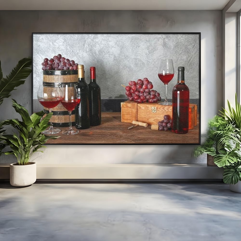 Tablou Canvas Premium, LuxCanva® N1011, Arta Vinului, Vin Rosu, Bautura, Struguri, Sticle, Pahare, Crama, Recolta, Rafinament, Degustare, Pub, Lounge, Bar, Restaurant, Bucatarie