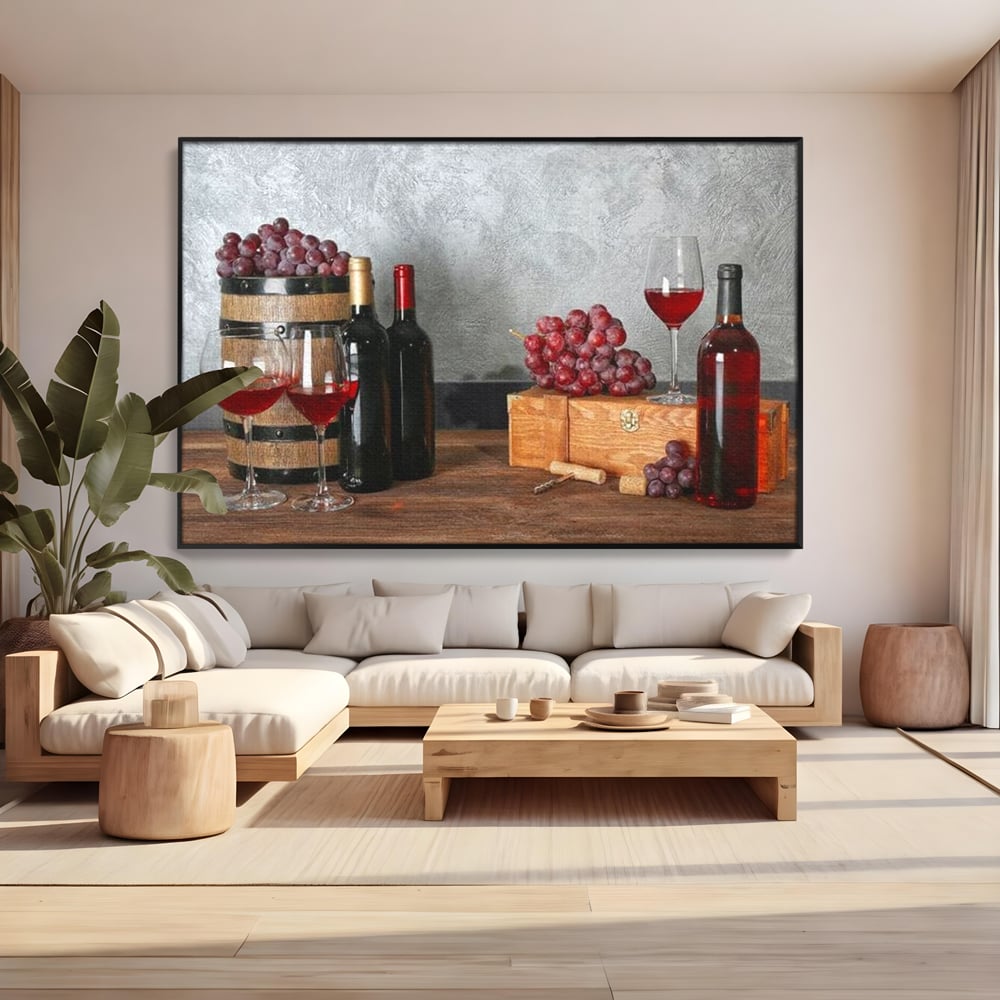 Tablou Canvas Premium, LuxCanva® N1011, Arta Vinului, Vin Rosu, Bautura, Struguri, Sticle, Pahare, Crama, Recolta, Rafinament, Degustare, Pub, Lounge, Bar, Restaurant, Bucatarie