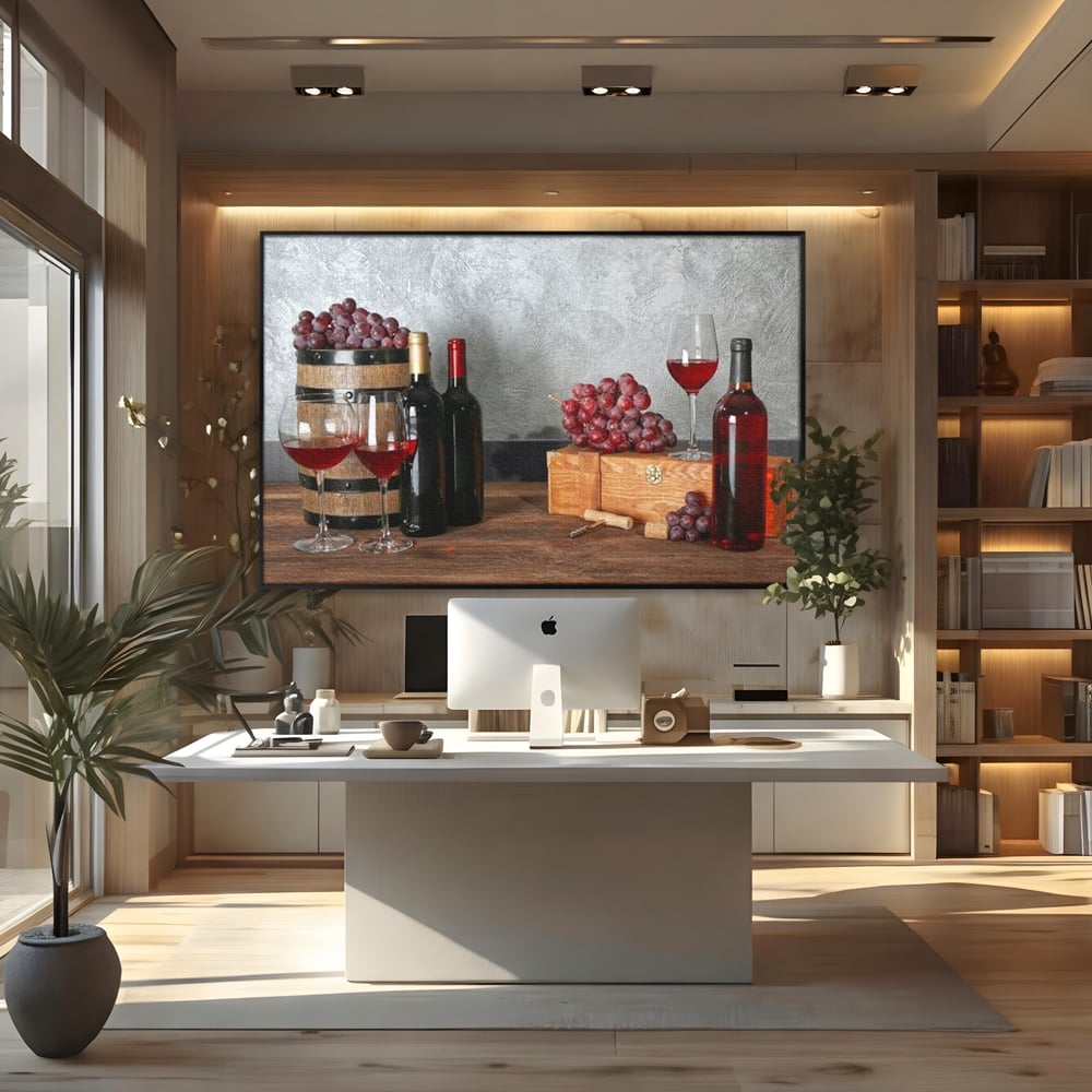 Tablou Canvas Premium, LuxCanva® N1011, Arta Vinului, Vin Rosu, Bautura, Struguri, Sticle, Pahare, Crama, Recolta, Rafinament, Degustare, Pub, Lounge, Bar, Restaurant, Bucatarie