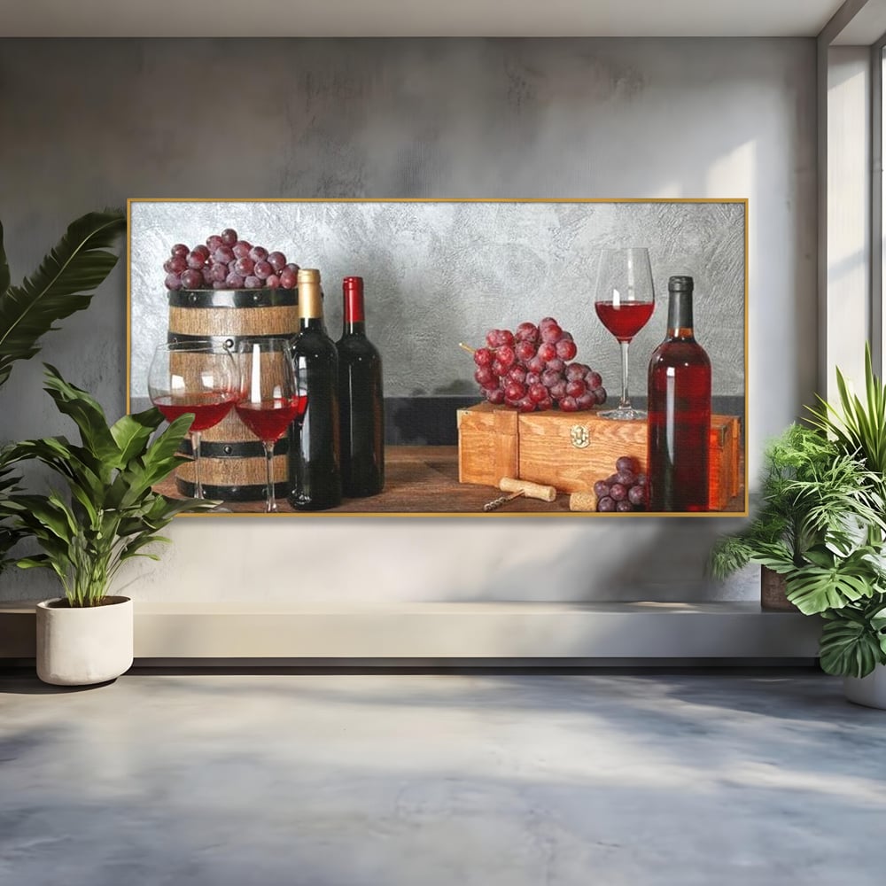 Tablou Canvas Premium, LuxCanva® N1011, Arta Vinului, Vin Rosu, Bautura, Struguri, Sticle, Pahare, Crama, Recolta, Rafinament, Degustare, Pub, Lounge, Bar, Restaurant, Bucatarie
