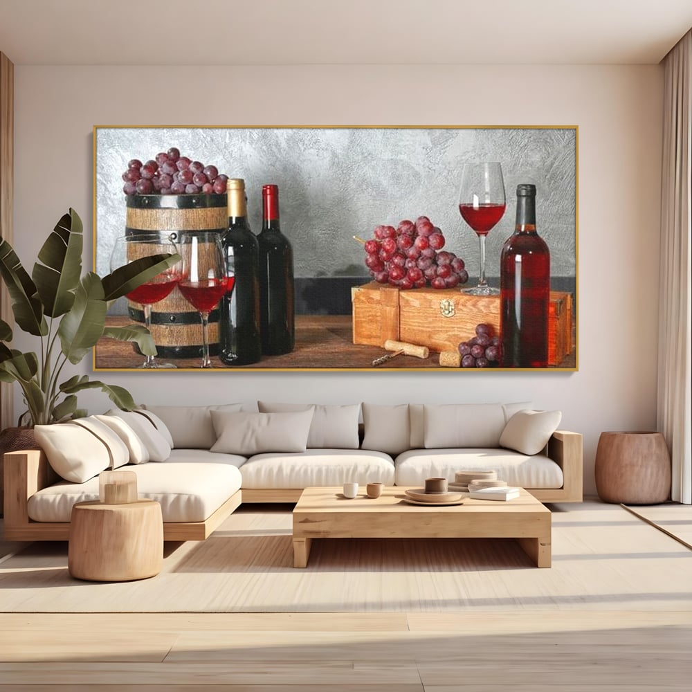 Tablou Canvas Premium, LuxCanva® N1011, Arta Vinului, Vin Rosu, Bautura, Struguri, Sticle, Pahare, Crama, Recolta, Rafinament, Degustare, Pub, Lounge, Bar, Restaurant, Bucatarie