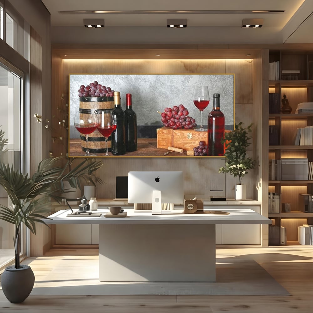 Tablou Canvas Premium, LuxCanva® N1011, Arta Vinului, Vin Rosu, Bautura, Struguri, Sticle, Pahare, Crama, Recolta, Rafinament, Degustare, Pub, Lounge, Bar, Restaurant, Bucatarie
