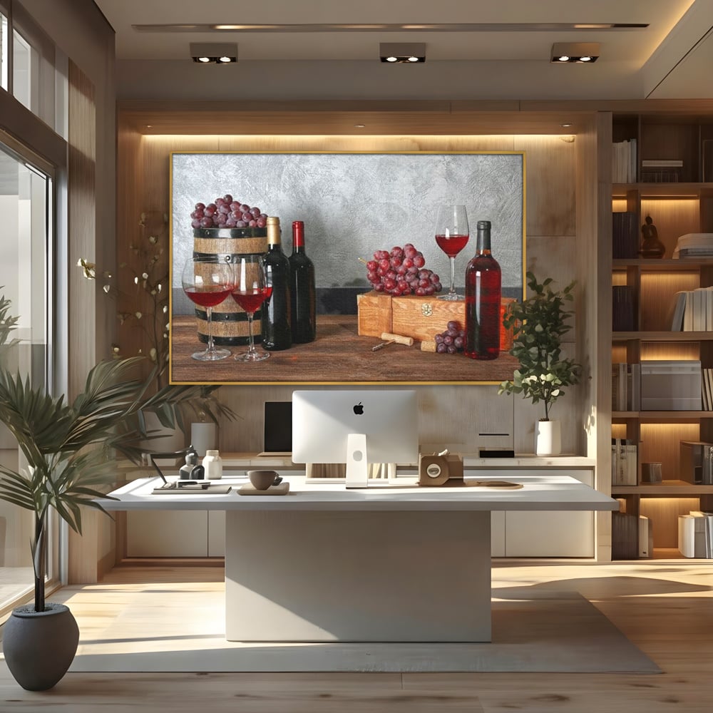Tablou Canvas Premium, LuxCanva® N1011, Arta Vinului, Vin Rosu, Bautura, Struguri, Sticle, Pahare, Crama, Recolta, Rafinament, Degustare, Pub, Lounge, Bar, Restaurant, Bucatarie