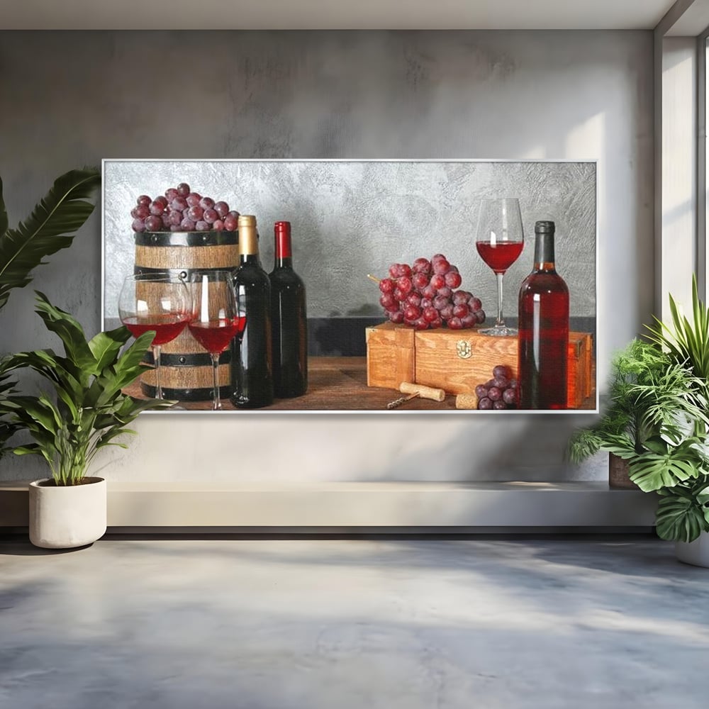 Tablou Canvas Premium, LuxCanva® N1011, Arta Vinului, Vin Rosu, Bautura, Struguri, Sticle, Pahare, Crama, Recolta, Rafinament, Degustare, Pub, Lounge, Bar, Restaurant, Bucatarie